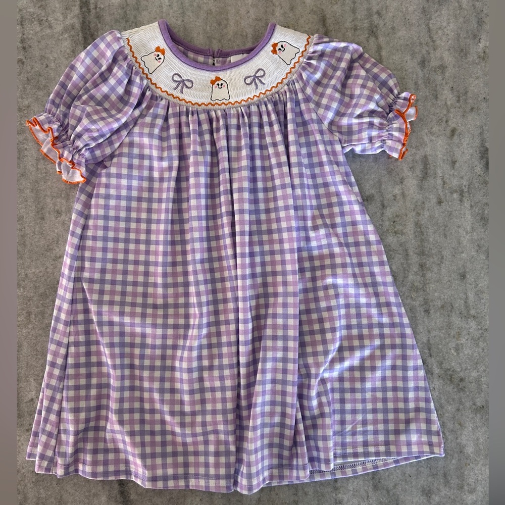 Lilac Gingham Smocke-Like Girls Dress with Ghost Motif Size 5